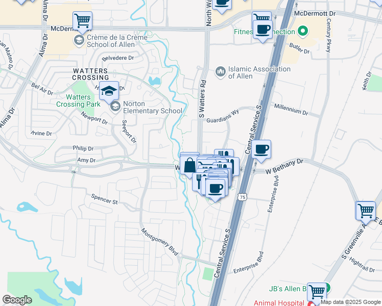 map of restaurants, bars, coffee shops, grocery stores, and more near 792 South Watters Road in Allen