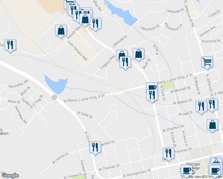 map of restaurants, bars, coffee shops, grocery stores, and more near 101 West Martin Luther King Junior Drive in Milledgeville