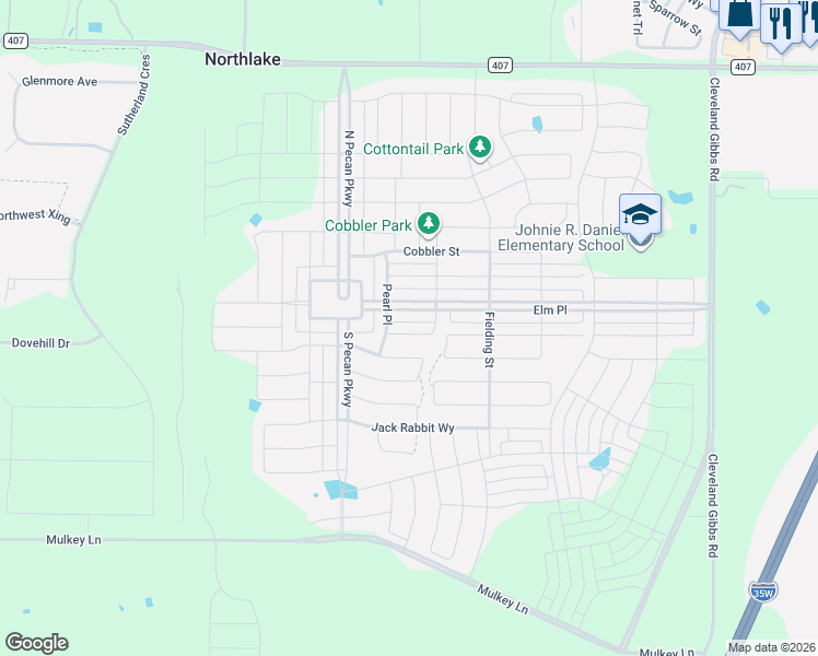 map of restaurants, bars, coffee shops, grocery stores, and more near 2531 Candle Lane in Northlake