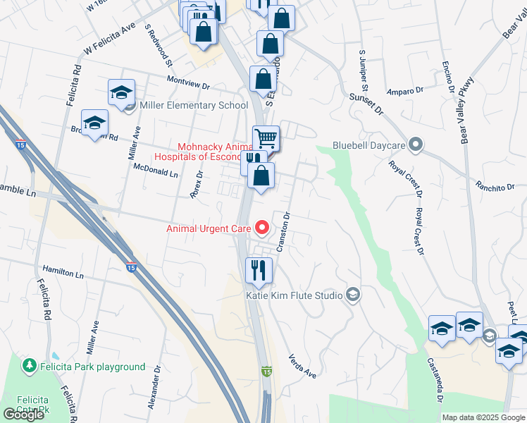 map of restaurants, bars, coffee shops, grocery stores, and more near 2416 South Escondido Boulevard in Escondido