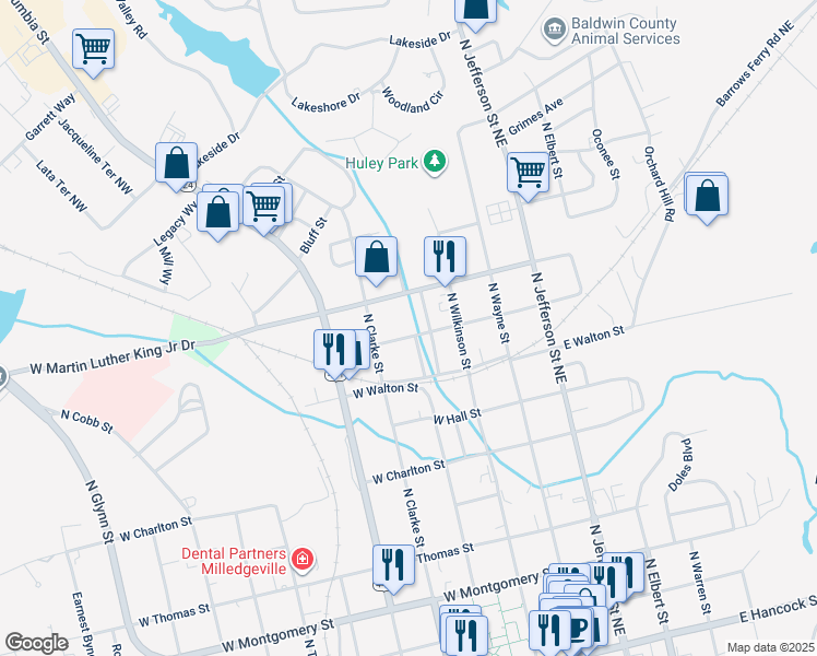 map of restaurants, bars, coffee shops, grocery stores, and more near 830 North Liberty Street in Milledgeville