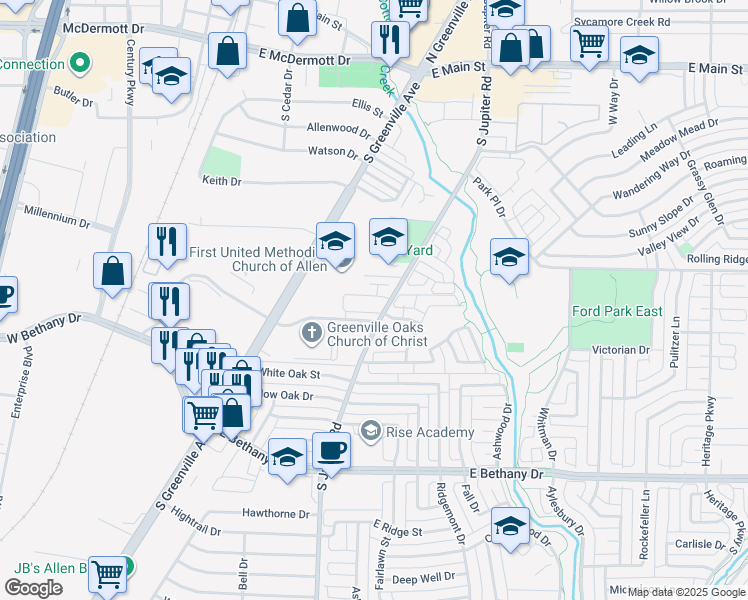 map of restaurants, bars, coffee shops, grocery stores, and more near 706 South Jupiter Road in Allen