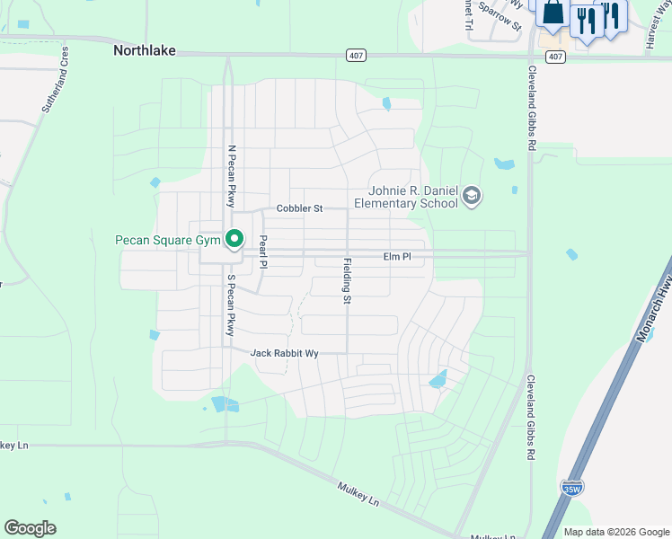 map of restaurants, bars, coffee shops, grocery stores, and more near 2411 Shorthorn Drive in Northlake