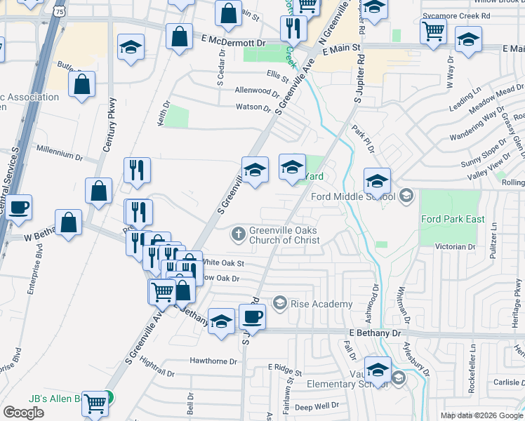 map of restaurants, bars, coffee shops, grocery stores, and more near 706 South Jupiter Road in Allen