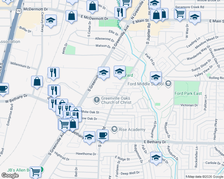 map of restaurants, bars, coffee shops, grocery stores, and more near 560 Prestige Circle in Allen