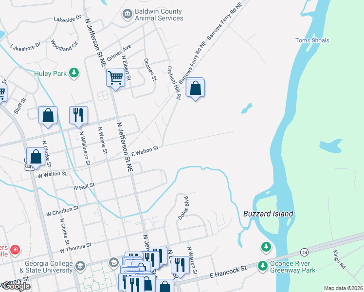 map of restaurants, bars, coffee shops, grocery stores, and more near 501 East Walton Street in Milledgeville