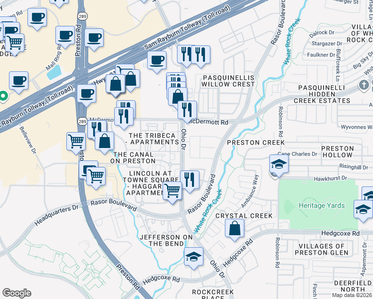map of restaurants, bars, coffee shops, grocery stores, and more near 8301 Foothill Drive in Plano