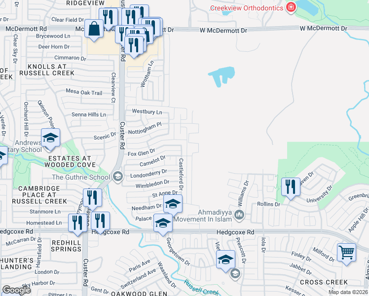 map of restaurants, bars, coffee shops, grocery stores, and more near 515 Castleford Drive in Allen