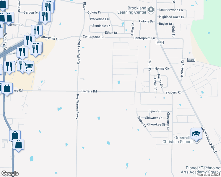map of restaurants, bars, coffee shops, grocery stores, and more near 1102 Traders Road in Greenville