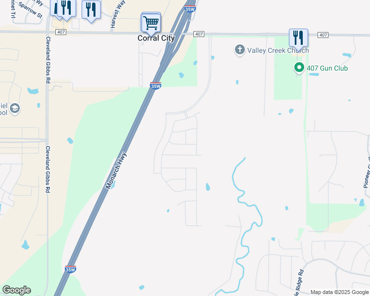 map of restaurants, bars, coffee shops, grocery stores, and more near Interstate 35W in Flower Mound