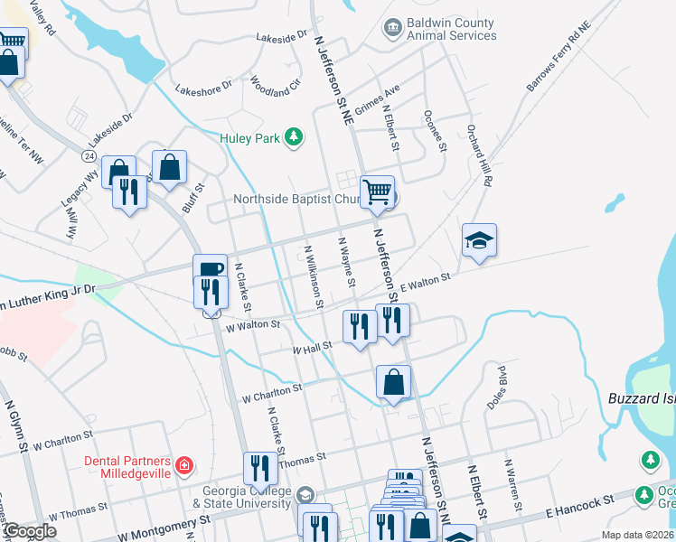 map of restaurants, bars, coffee shops, grocery stores, and more near 820 North Wayne Street in Milledgeville