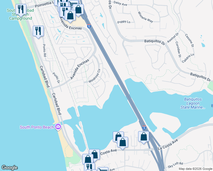 map of restaurants, bars, coffee shops, grocery stores, and more near 7537 Navigator Circle in Carlsbad