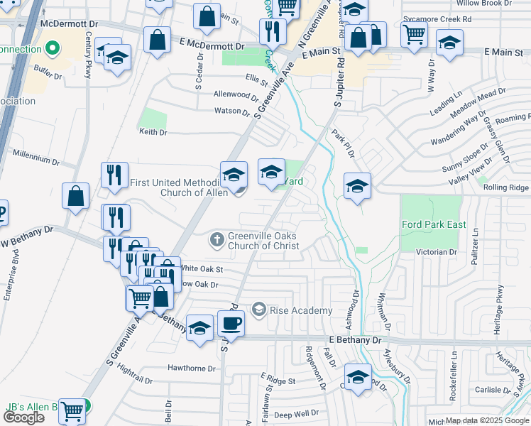 map of restaurants, bars, coffee shops, grocery stores, and more near 560 Prestige Circle in Allen