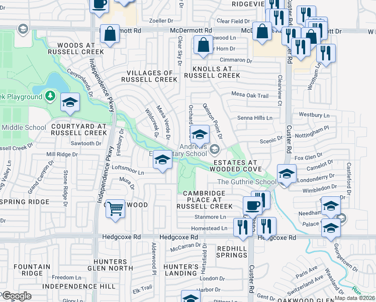 map of restaurants, bars, coffee shops, grocery stores, and more near 8309 Sutherland Lane in Plano