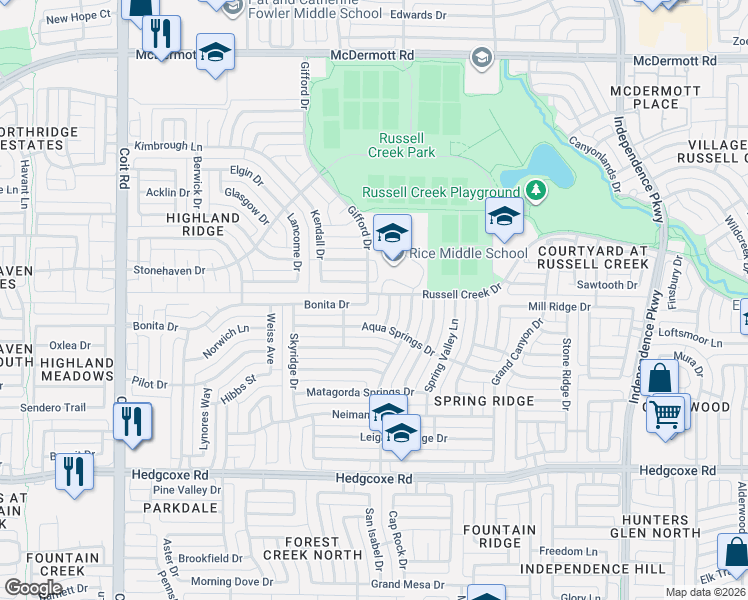 map of restaurants, bars, coffee shops, grocery stores, and more near 8201 Sand Ridge Drive in Plano