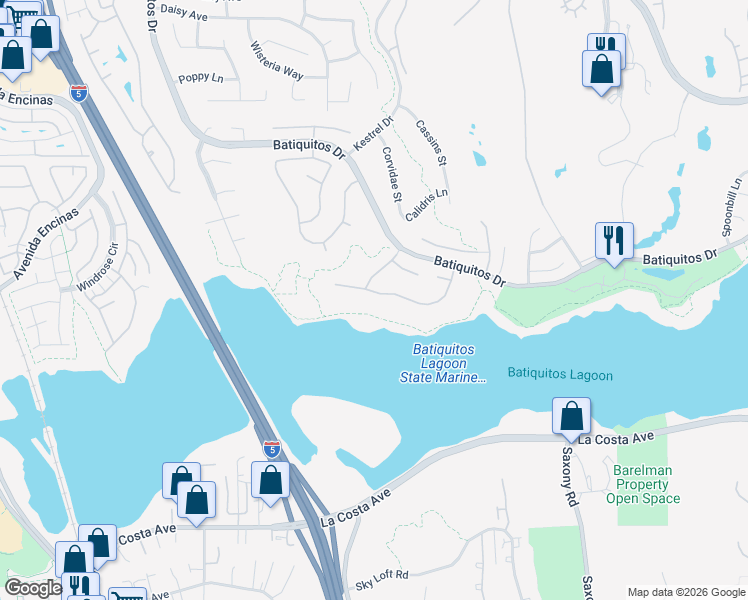 map of restaurants, bars, coffee shops, grocery stores, and more near 1313 Shorebird Lane in Carlsbad