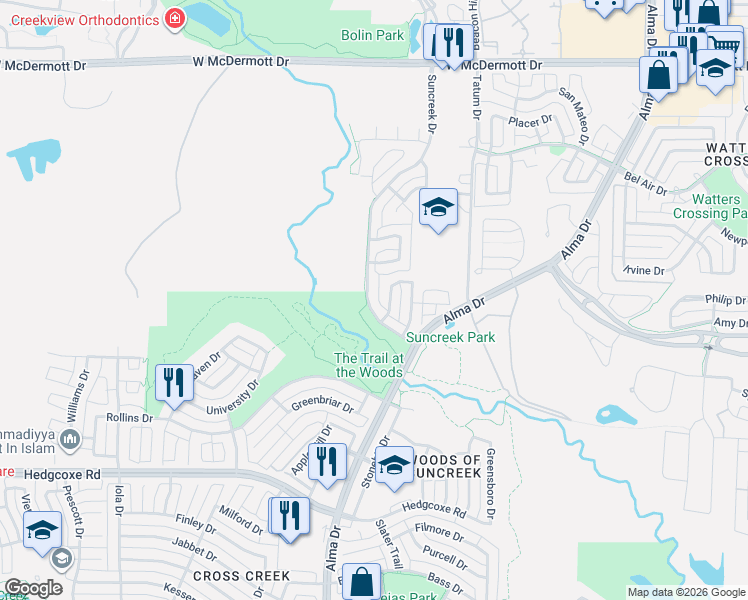 map of restaurants, bars, coffee shops, grocery stores, and more near 1410 Oakwood Drive in Allen