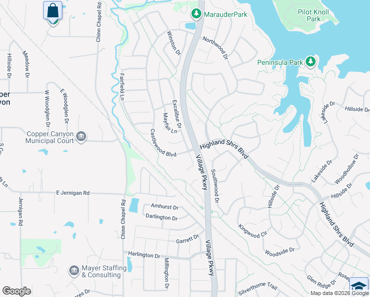 map of restaurants, bars, coffee shops, grocery stores, and more near 904 Excalibur Drive in Highland Village