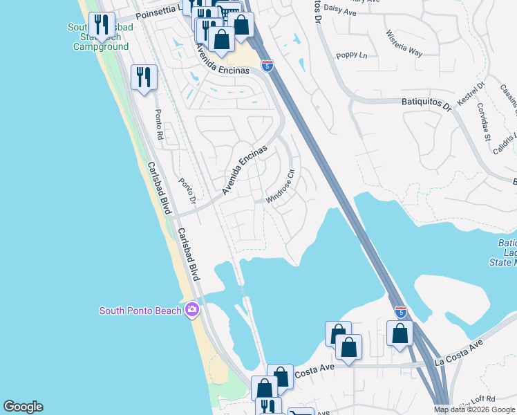 map of restaurants, bars, coffee shops, grocery stores, and more near 541 Burton Court in Carlsbad