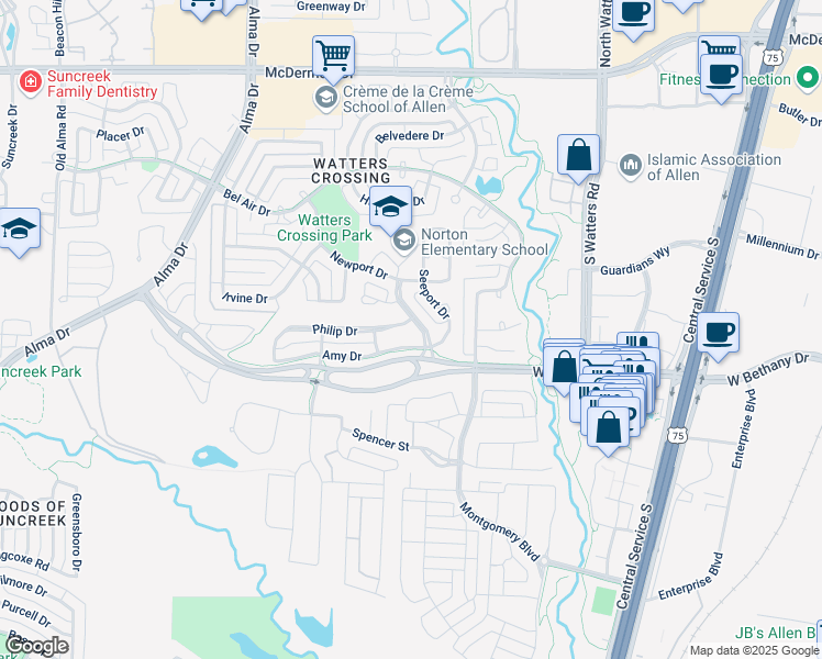 map of restaurants, bars, coffee shops, grocery stores, and more near 608 Seeport Drive in Allen
