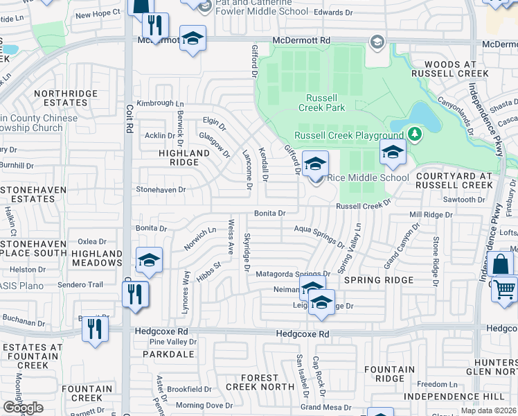 map of restaurants, bars, coffee shops, grocery stores, and more near 8409 Kendall Drive in Plano