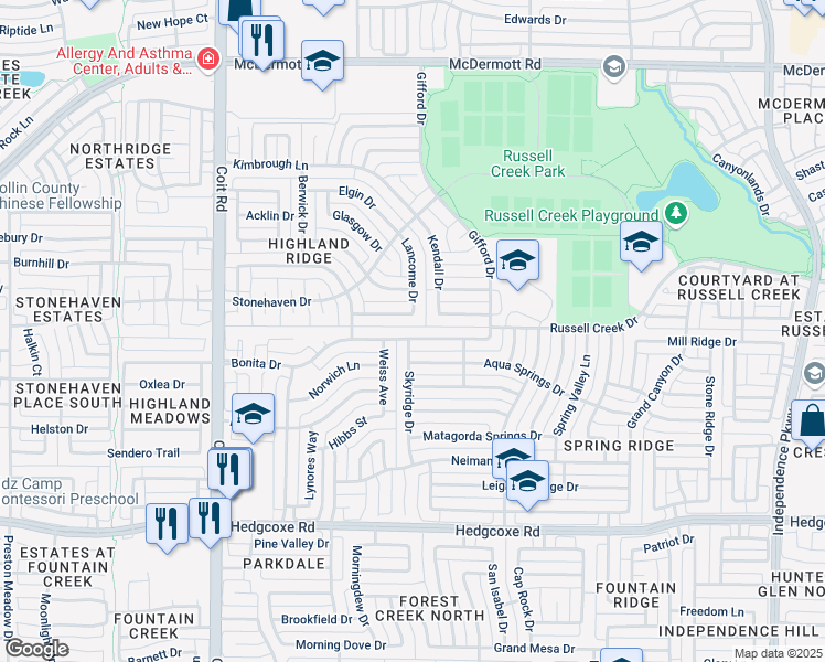map of restaurants, bars, coffee shops, grocery stores, and more near 8409 Kendall Drive in Plano