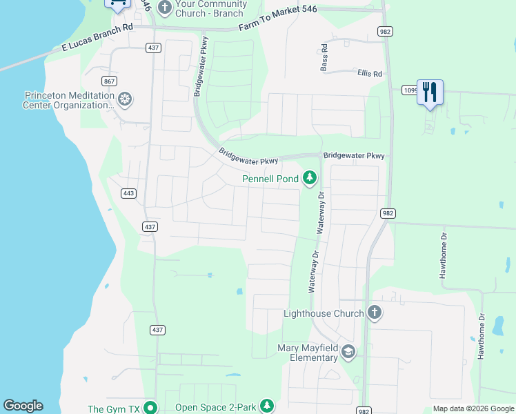 map of restaurants, bars, coffee shops, grocery stores, and more near 5897 County Road 437 in Princeton