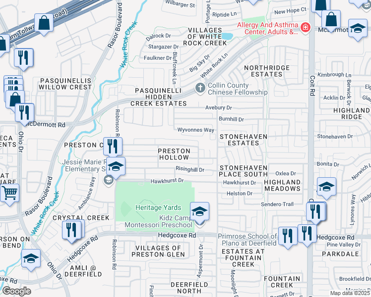 map of restaurants, bars, coffee shops, grocery stores, and more near 4522 Oak Shores Drive in Plano