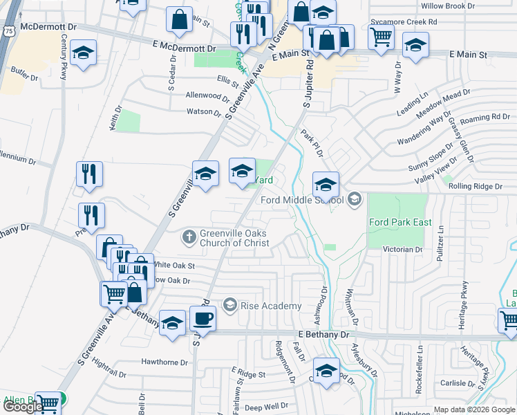 map of restaurants, bars, coffee shops, grocery stores, and more near 600 South Jupiter Road in Allen