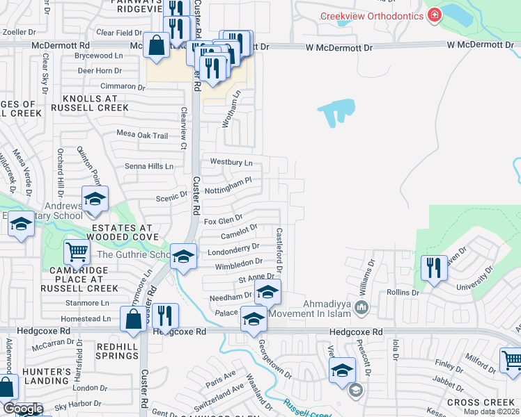 map of restaurants, bars, coffee shops, grocery stores, and more near 2005 Fox Glen Drive in Allen