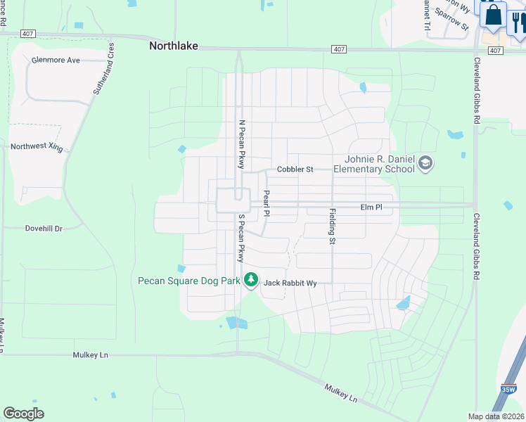 map of restaurants, bars, coffee shops, grocery stores, and more near 2540 Elm Place in Northlake