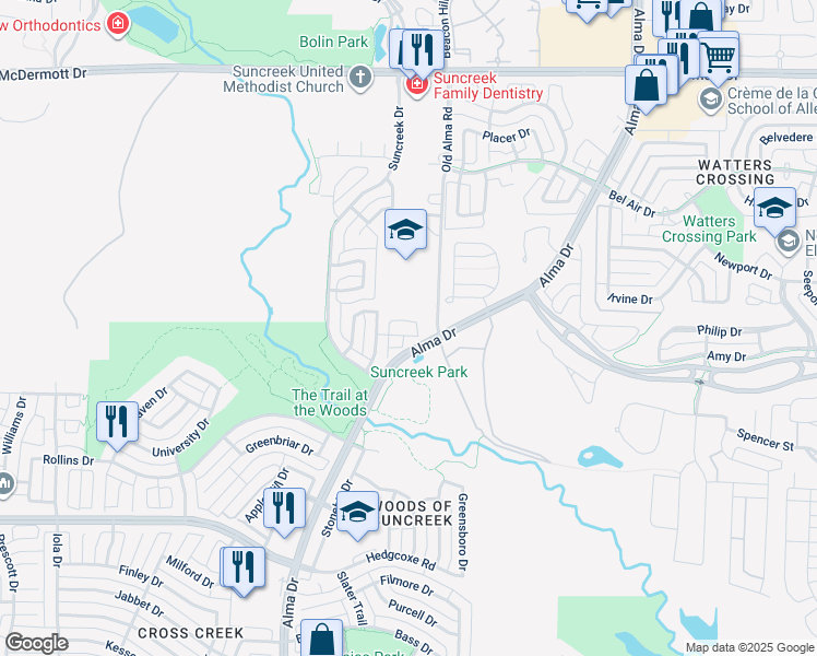 map of restaurants, bars, coffee shops, grocery stores, and more near 1414 Tulane Ct in Allen