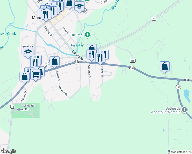 map of restaurants, bars, coffee shops, grocery stores, and more near 227 Melton Street in Montevallo