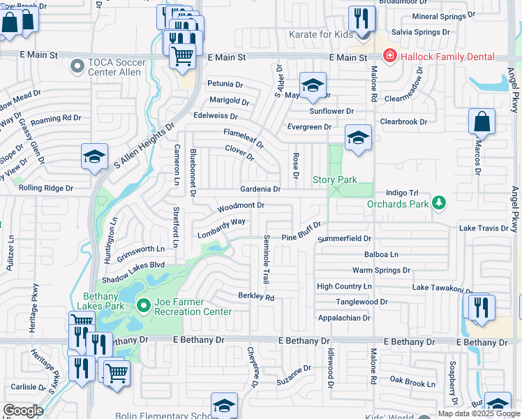 map of restaurants, bars, coffee shops, grocery stores, and more near 6 Kingpalm Drive in Allen