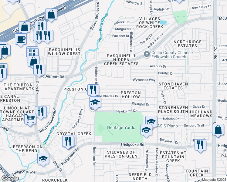 map of restaurants, bars, coffee shops, grocery stores, and more near 4555 Oak Shores Drive in Plano
