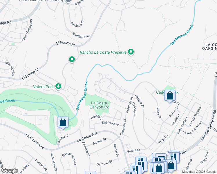 map of restaurants, bars, coffee shops, grocery stores, and more near 7321 Calle De Fuentes in Carlsbad