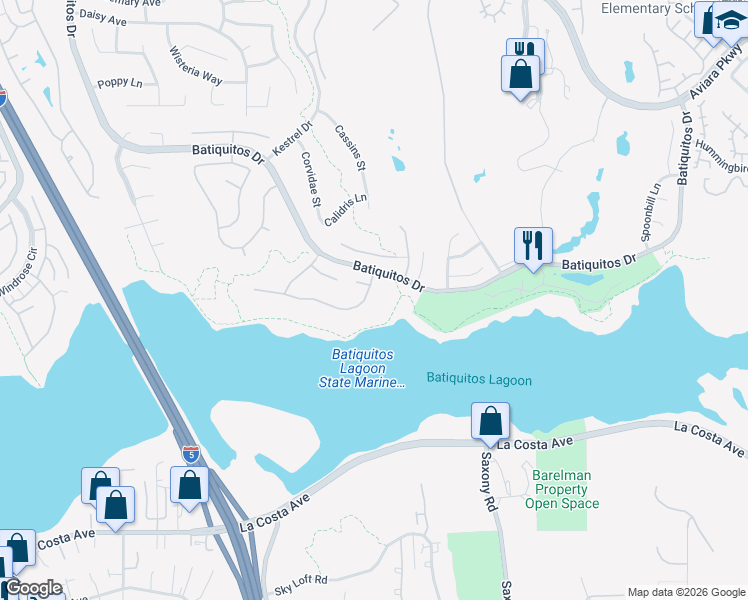 map of restaurants, bars, coffee shops, grocery stores, and more near 1354 Mallard Court in Carlsbad