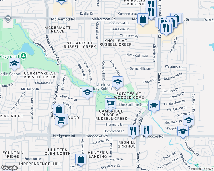 map of restaurants, bars, coffee shops, grocery stores, and more near 2536 Chanute Drive in Plano