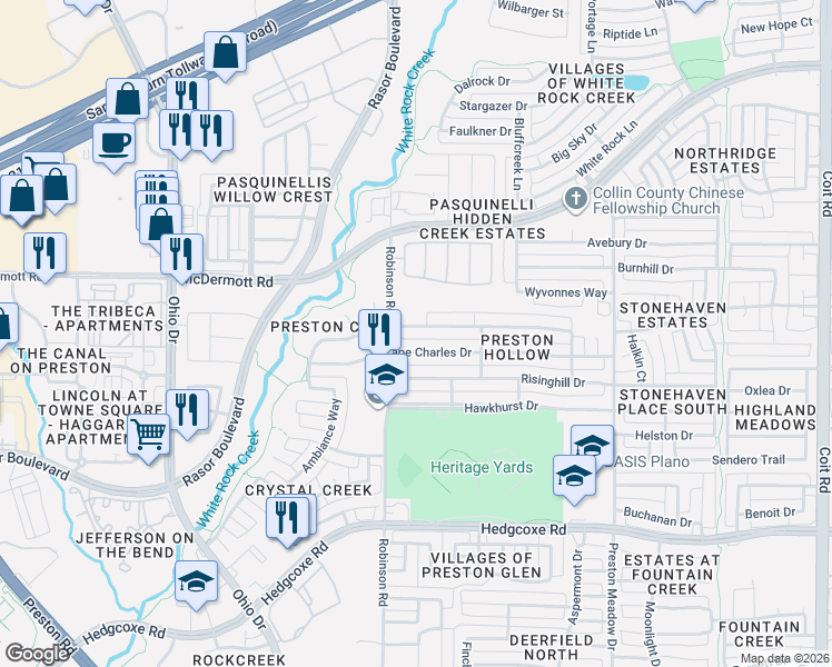 map of restaurants, bars, coffee shops, grocery stores, and more near 4567 Oak Shores Drive in Plano