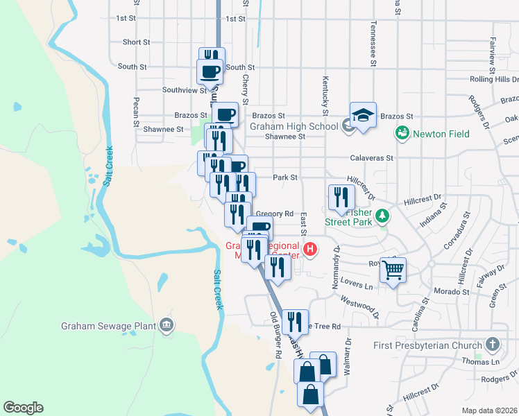 map of restaurants, bars, coffee shops, grocery stores, and more near 1311 Cherry Street in Graham