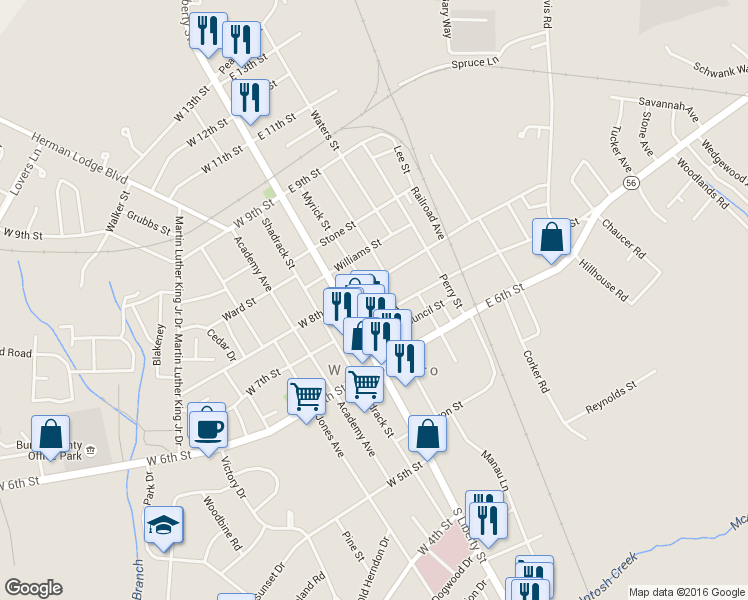 map of restaurants, bars, coffee shops, grocery stores, and more near Myrick Street in Waynesboro