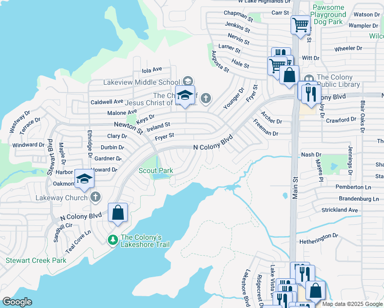 map of restaurants, bars, coffee shops, grocery stores, and more near 4304 North Colony Boulevard in The Colony