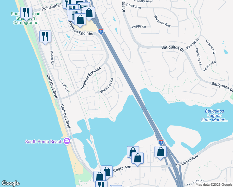 map of restaurants, bars, coffee shops, grocery stores, and more near 7491 Seashell Court in Carlsbad