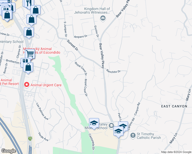 map of restaurants, bars, coffee shops, grocery stores, and more near 2477 Reill View Drive in Escondido