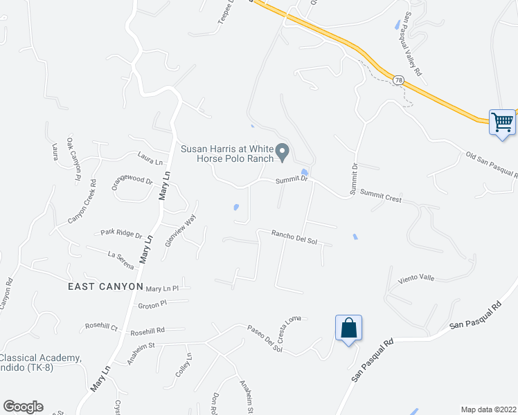 map of restaurants, bars, coffee shops, grocery stores, and more near 2859 Summit Drive in Escondido