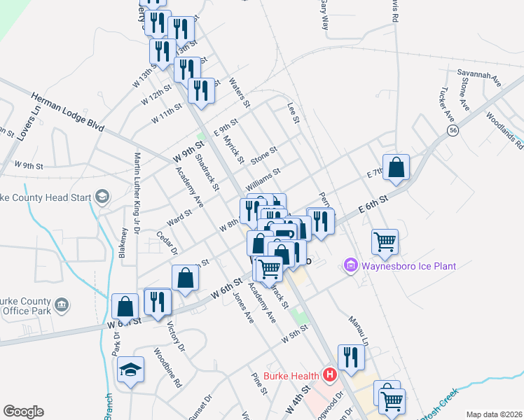 map of restaurants, bars, coffee shops, grocery stores, and more near 802 Liberty Street in Waynesboro