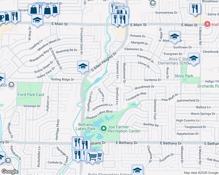 map of restaurants, bars, coffee shops, grocery stores, and more near 1207 Cameron Lane in Allen