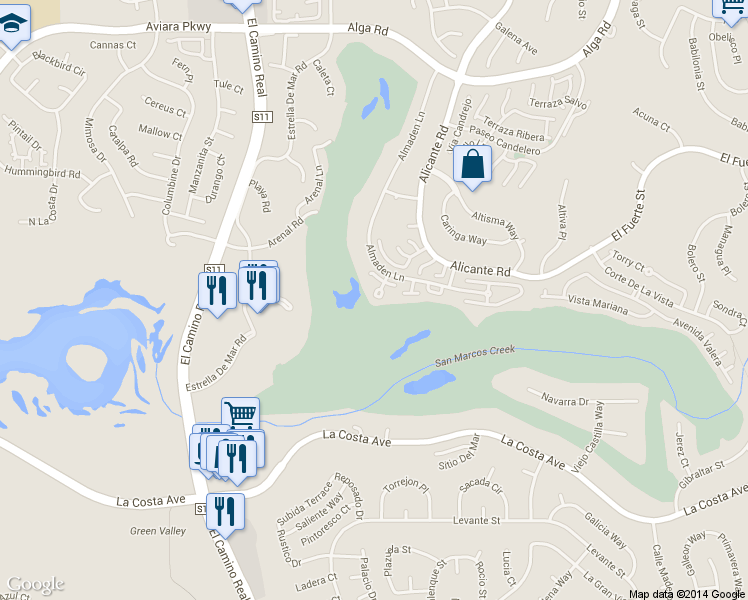 map of restaurants, bars, coffee shops, grocery stores, and more near 20 Greenview Drive in Carlsbad