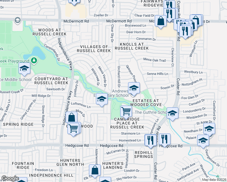 map of restaurants, bars, coffee shops, grocery stores, and more near 8416 High Meadows Drive in Plano