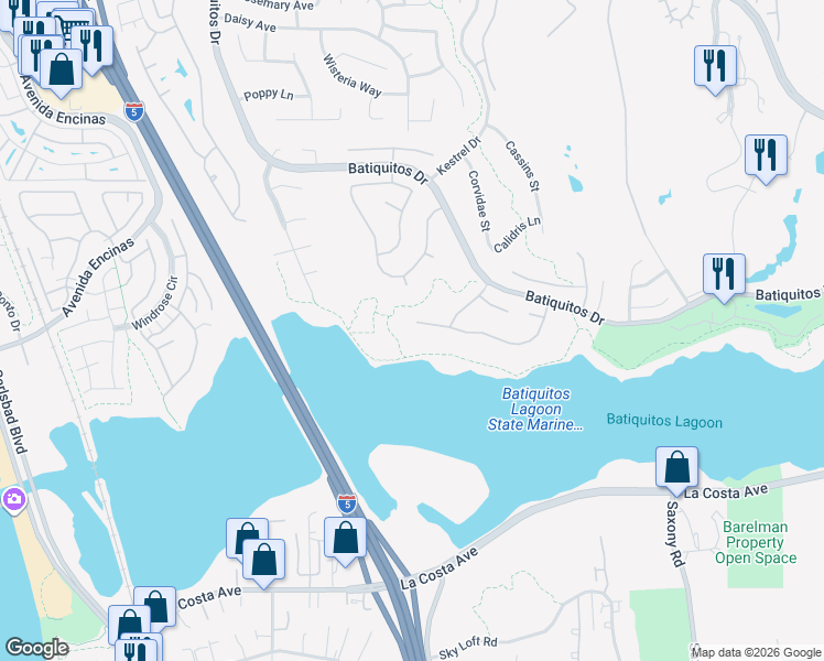map of restaurants, bars, coffee shops, grocery stores, and more near 1289 Shorebird Lane in Carlsbad
